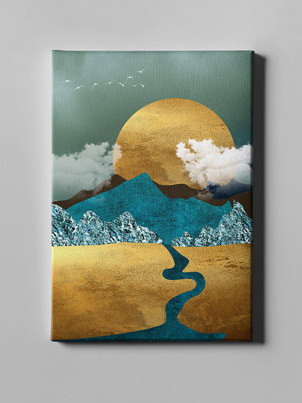 Gold and Blue Mountain Wall Art with Sun – Elegant Nature-Inspired Canvas for Living Room & Bedroom