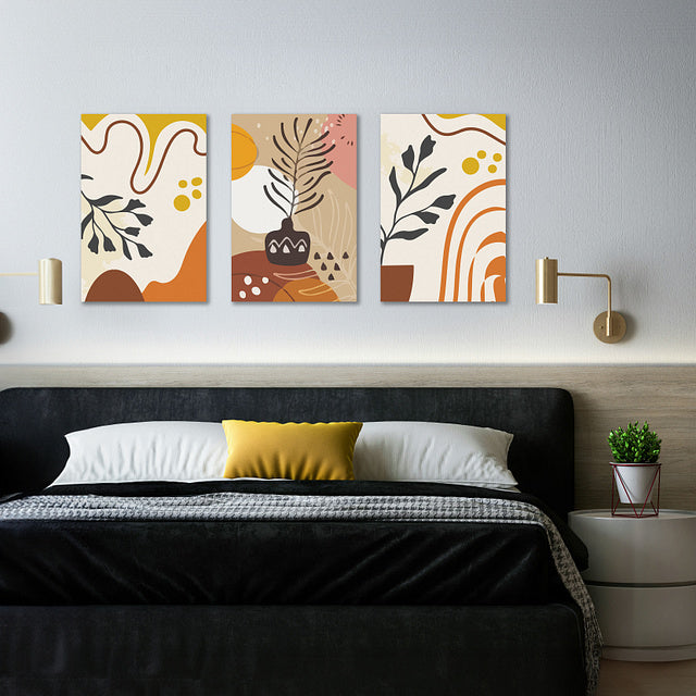 Set of 3 Boho Abstract Flower Pot Shapes Canvas Wall Art โ Modern Botanical Prints