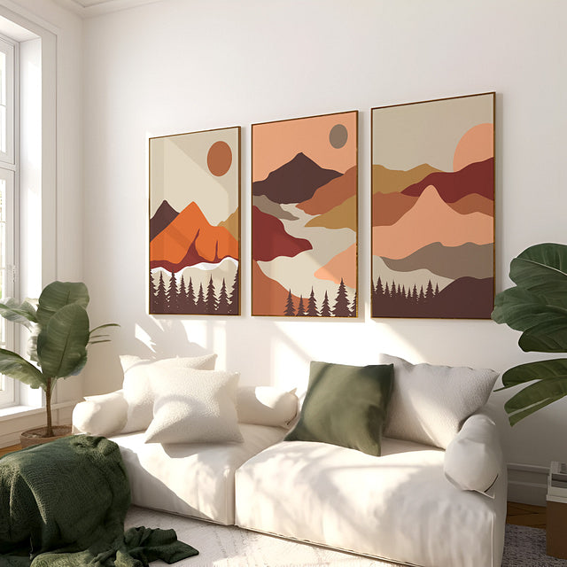 Set of 3 Abstract Landscape Day & Night Framed Wall Art – A3 Size (13 x 18 Inches)