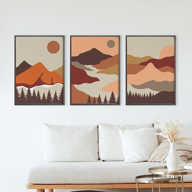Set of 3 Abstract Landscape Day & Night Framed Wall Art – A3 Size (13 x 18 Inches)