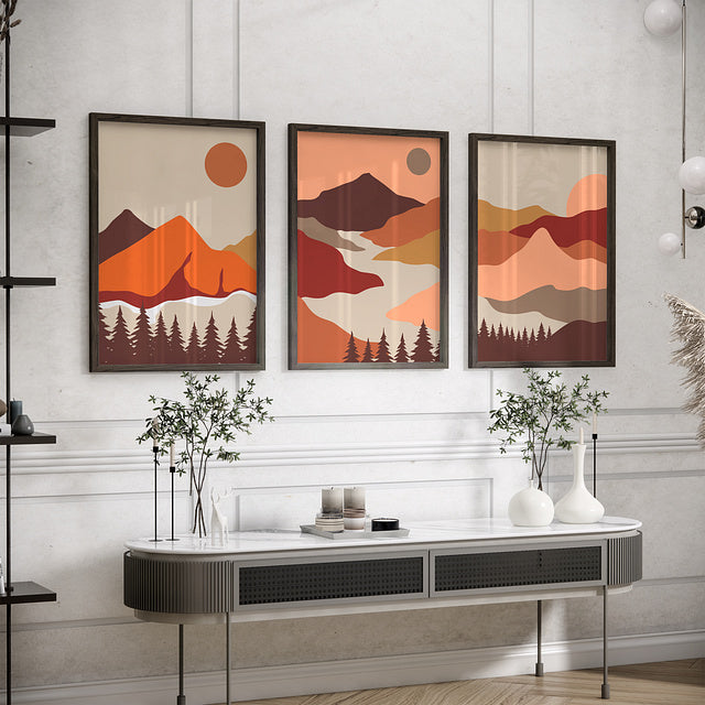 Set of 3 Abstract Landscape Day & Night Framed Wall Art – A3 Size (13 x 18 Inches)