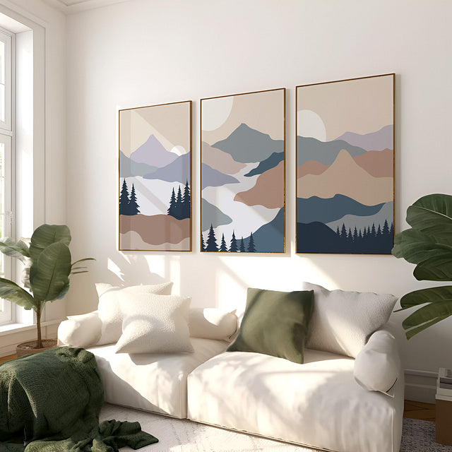 Set of 3 Abstract Landscape Mountain & River Framed Wall Art – A3 Size (13 x 18 Inches)