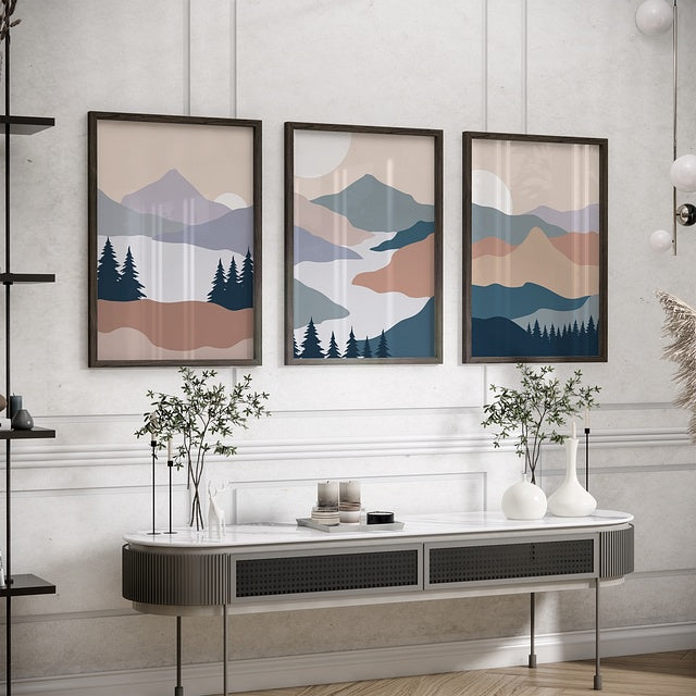 Set of 3 Abstract Landscape Mountain & River Framed Wall Art – A3 Size (13 x 18 Inches)
