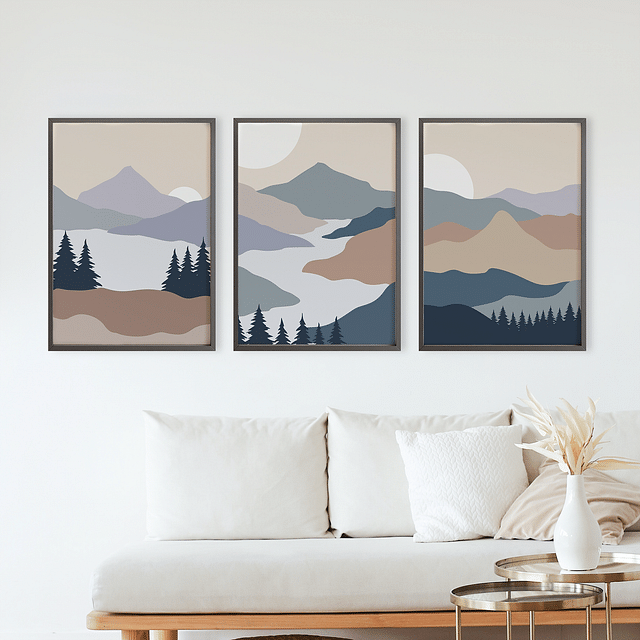 Set of 3 Abstract Landscape Mountain & River Framed Wall Art – A3 Size (13 x 18 Inches)