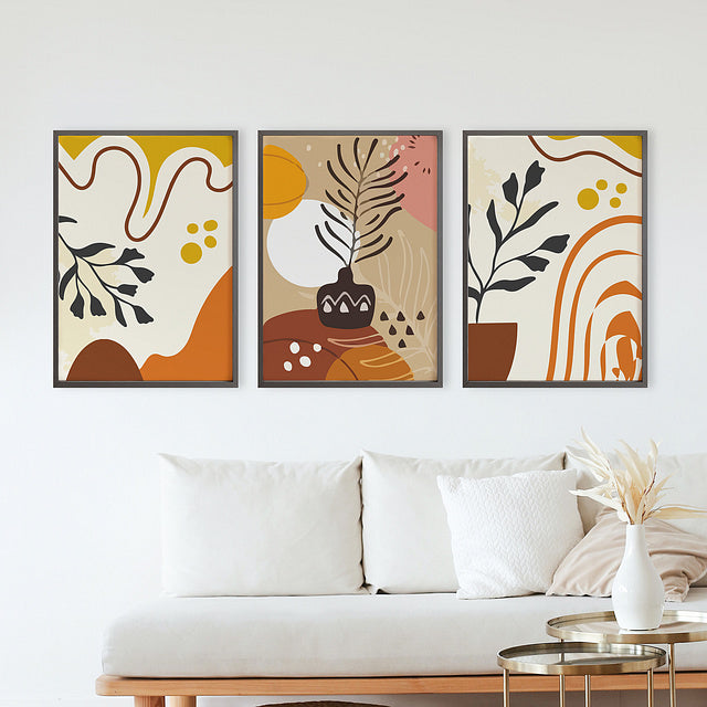 Set of 3 Boho Plant Pot Flower Digital Paintings – Stickable Framed Wall Art, A3 Size (13 x 18 Inches)