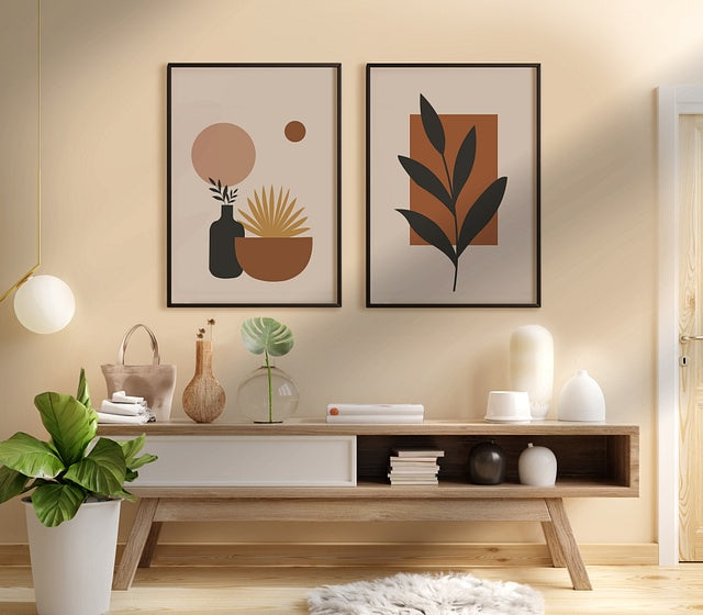 Set of 2 Boho Floral Pot Digital Painting Framed Wall Art – A3 Size (13 x 18 Inches)