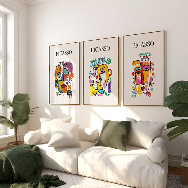 Set of 3 Colorful Picasso-Inspired Abstract Face Prints Framed Wall Art – A3 Size (13 x 18 Inches)