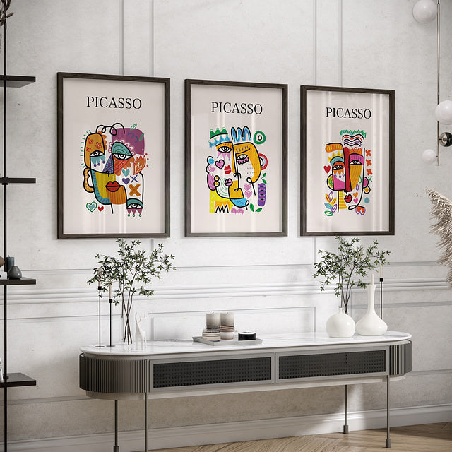 Set of 3 Colorful Picasso-Inspired Abstract Face Prints Framed Wall Art – A3 Size (13 x 18 Inches)