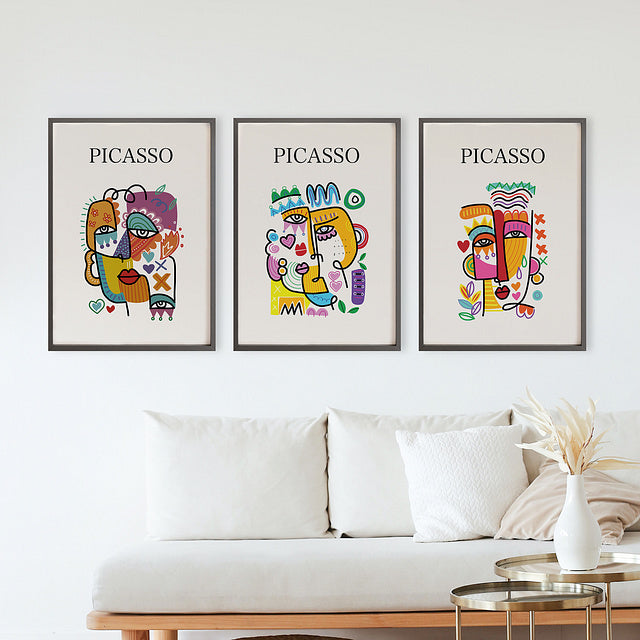 Set of 3 Colorful Picasso-Inspired Abstract Face Prints Framed Wall Art – A3 Size (13 x 18 Inches)