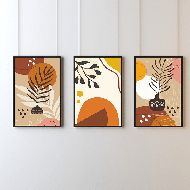 Set of 3 Boho Plant Semicircle Framed Digital Paintings – A3 Size (13 x 18 Inches)