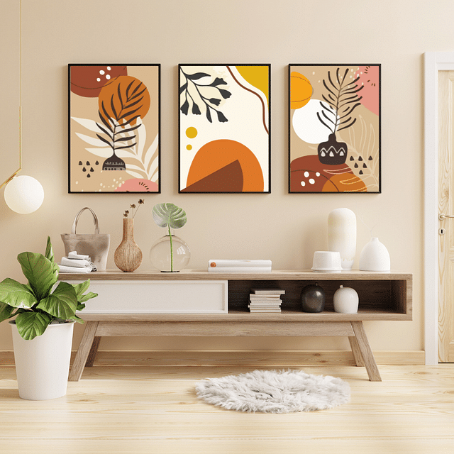 Set of 3 Boho Plant Semicircle Framed Digital Paintings – A3 Size (13 x 18 Inches)