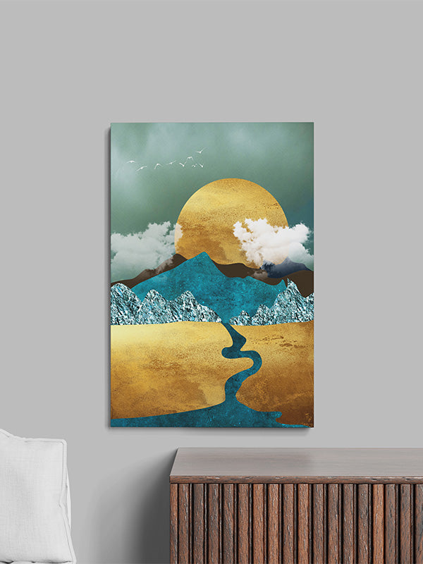 Gold and Blue Mountain Wall Art with Sun – Elegant Nature-Inspired Canvas for Living Room & Bedroom