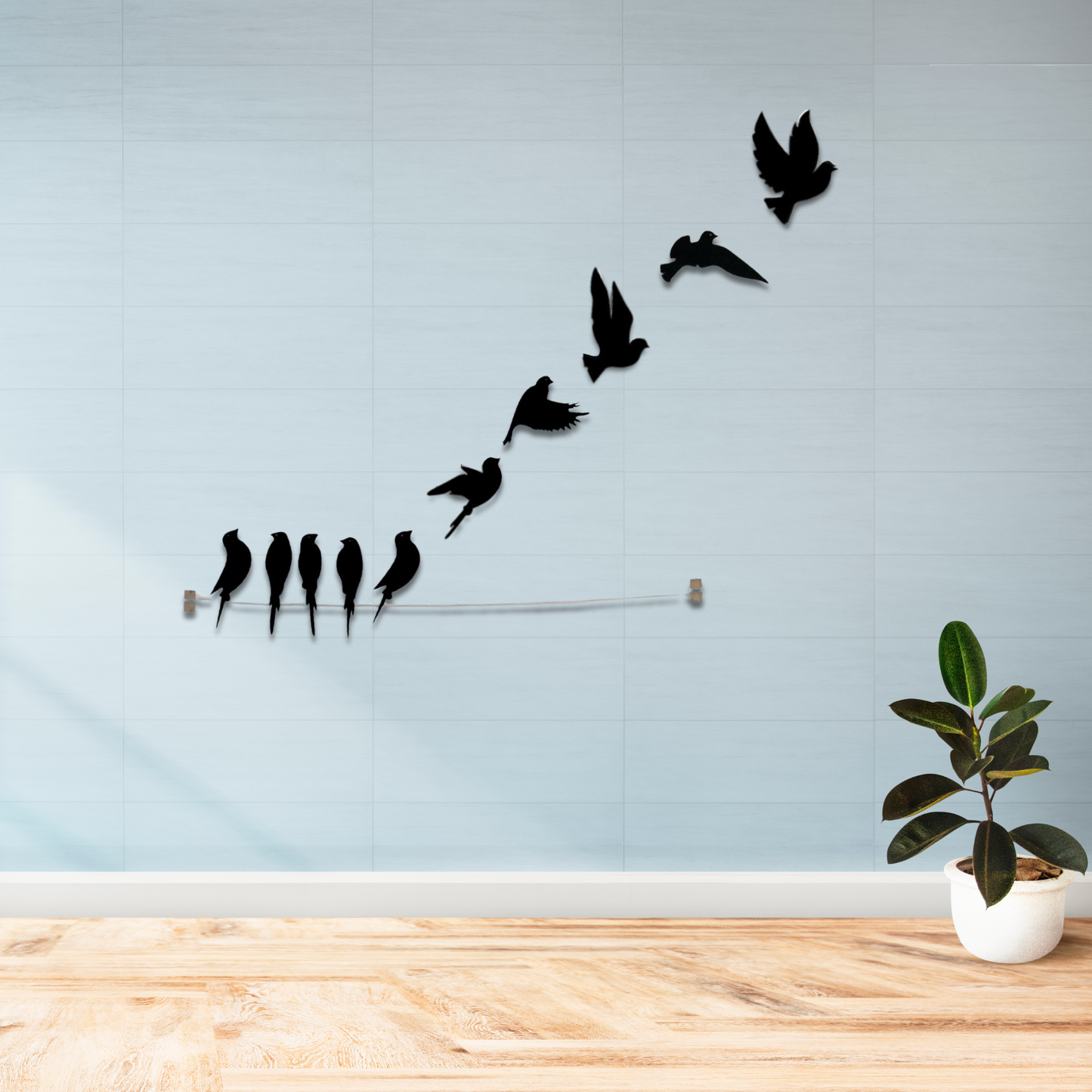 Wooden 3D 10 Pieces Birds on Rope Wall Art Panel