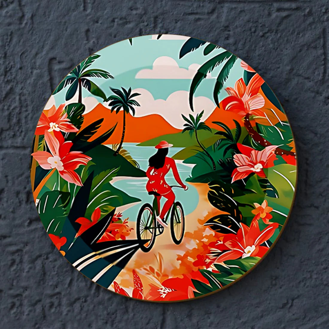 Women Riding Bicycle Ceramic Wall Plate Home Décor