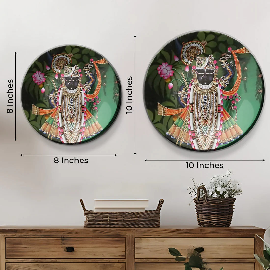 Set of 3 Shrinath Ji and Lotus Pichwai Wall Plates Décor