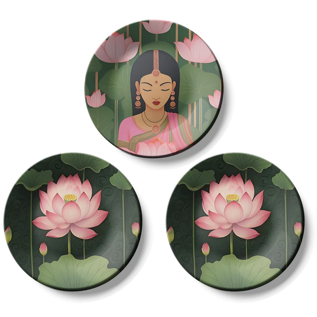 Set of 3 Lotus and Woman Wall Plates Décor