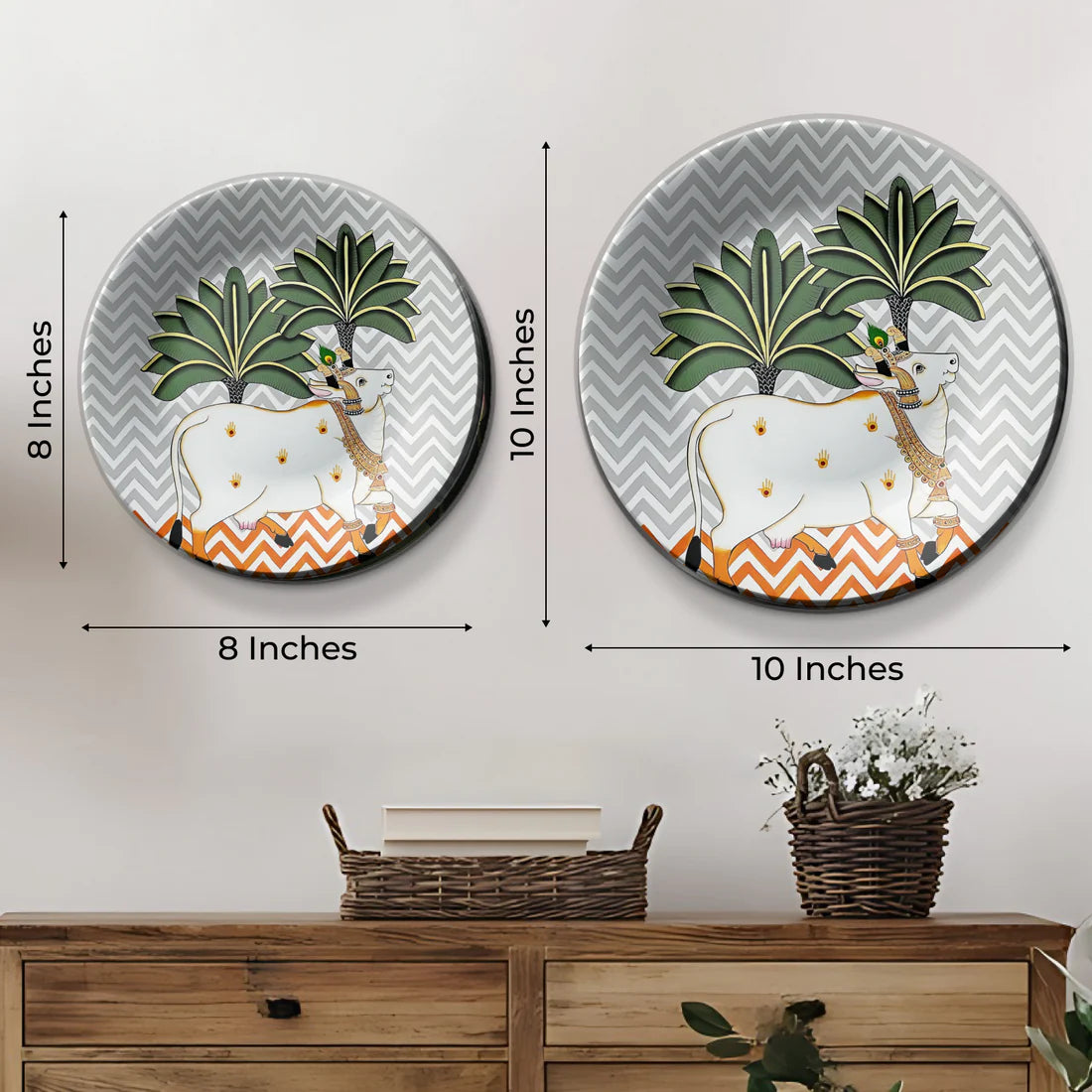 Sacred Cow Grey Pichwai Ceramic Wall Plate Home Décor
