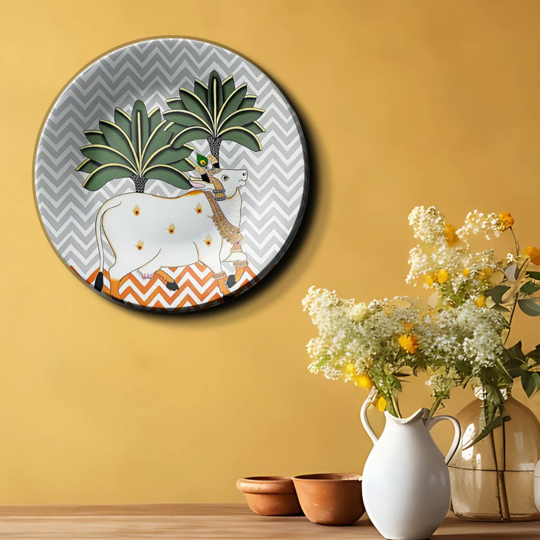 Sacred Cow Grey Pichwai Ceramic Wall Plate Home Décor