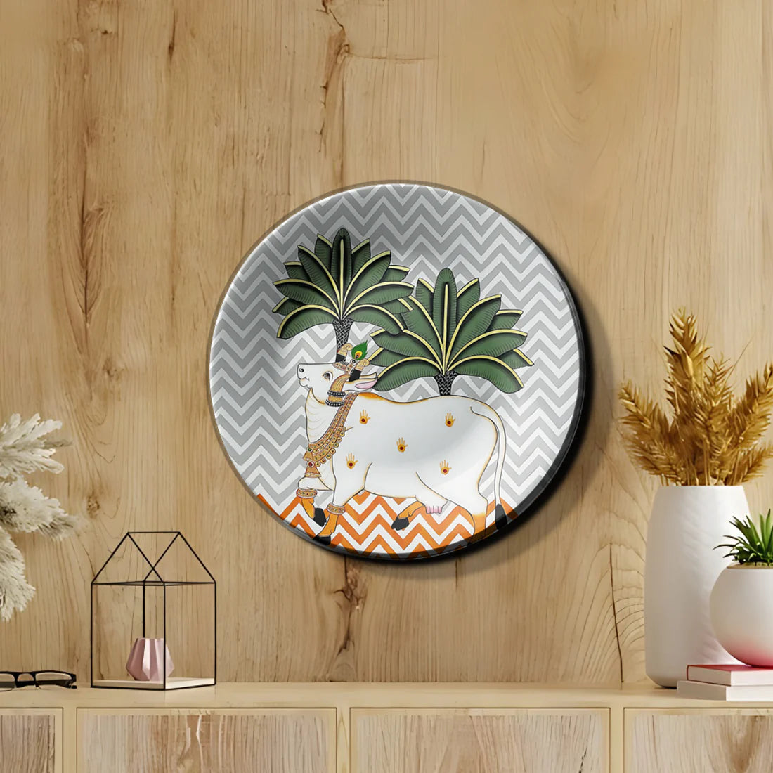 Sacred Cow Grey Pichwai Ceramic Wall Plate Home Décor