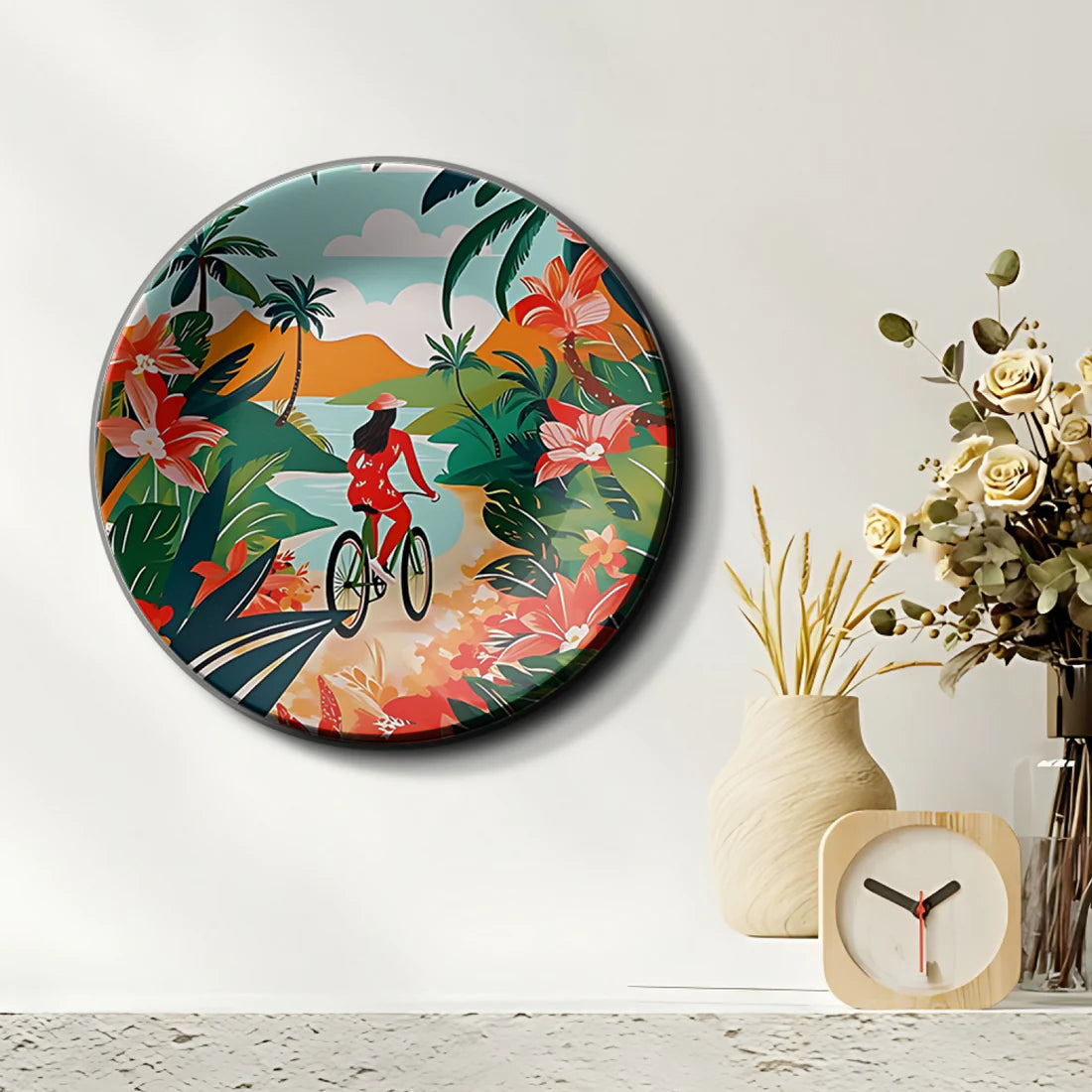 Women Riding Bicycle Ceramic Wall Plate Home Décor