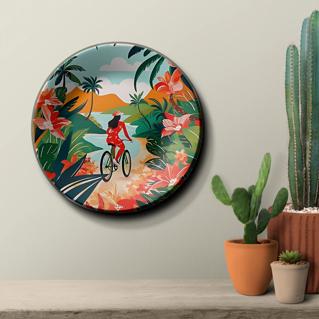 Women Riding Bicycle Ceramic Wall Plate Home Décor