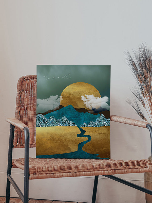 Gold and Blue Mountain Wall Art with Sun – Elegant Nature-Inspired Canvas for Living Room & Bedroom