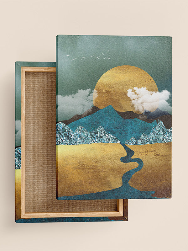 Gold and Blue Mountain Wall Art with Sun – Elegant Nature-Inspired Canvas for Living Room & Bedroom