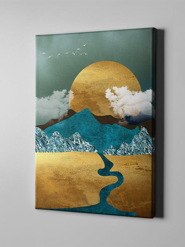 Gold and Blue Mountain Wall Art with Sun – Elegant Nature-Inspired Canvas for Living Room & Bedroom