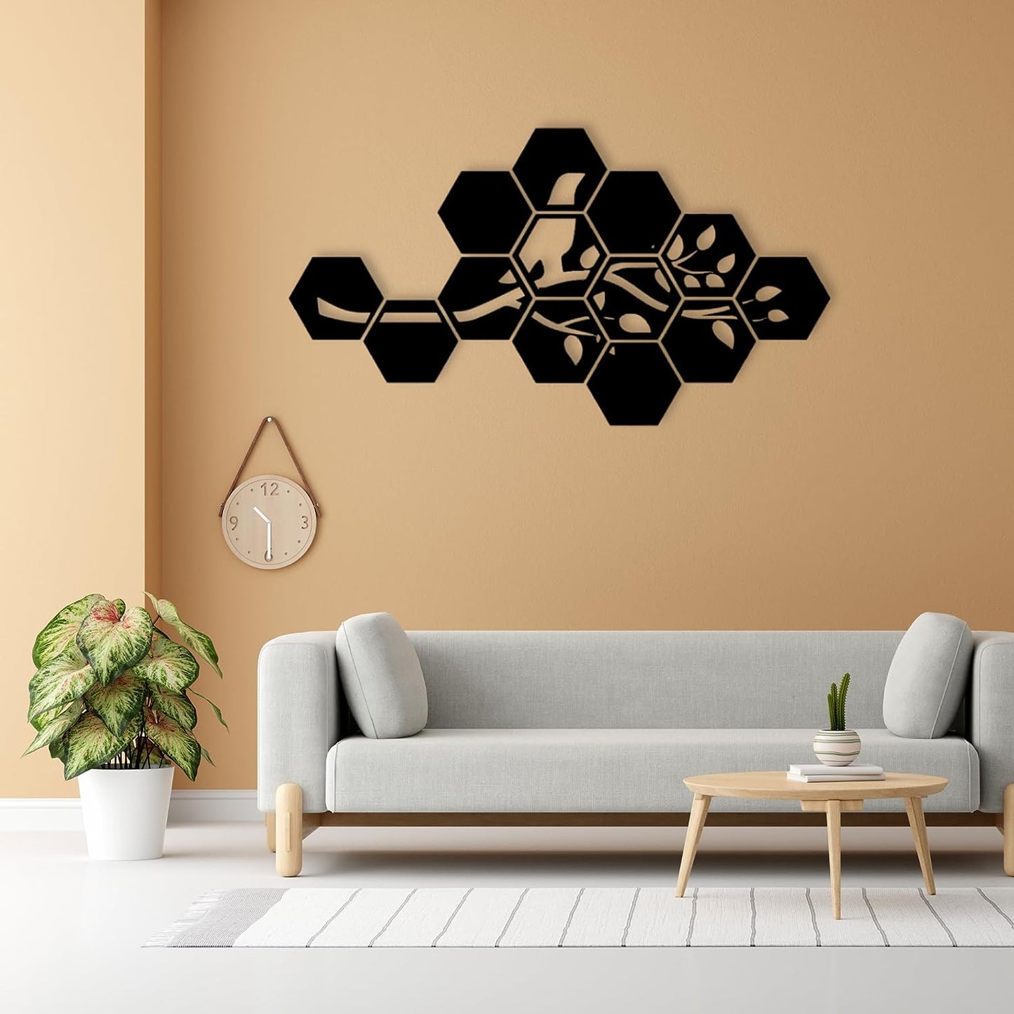Wooden Unique Hexagonal Tree Branch With Bird Wall Art Panel Frame