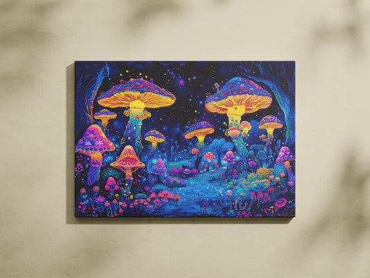 Close-Up Mushroom with Full Night Sky Canvas Art – Mystical Nature & Nighttime Wall Decor