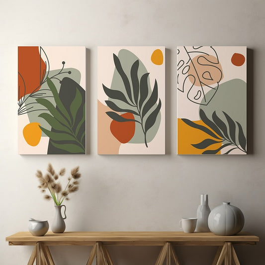 Set of 3 Boho Floral Canvas Wall Art – Premium Cotton Texture Prints