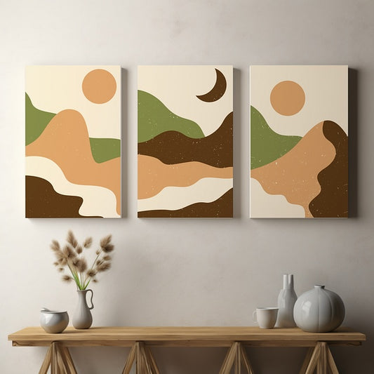 Set of 3 Abstract Sun & Moon Canvas Wall Art – Modern Landscape Prints