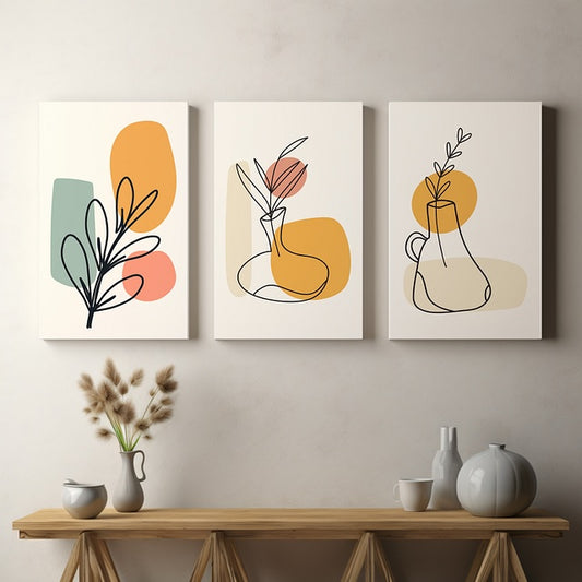 Set of 3 Boho Minimal Floral Canvas Wall Art – Elegant Minimalist Botanical Decor