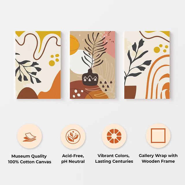 Set of 3 Boho Abstract Flower Pot Shapes Canvas Wall Art – Modern Botanical Prints