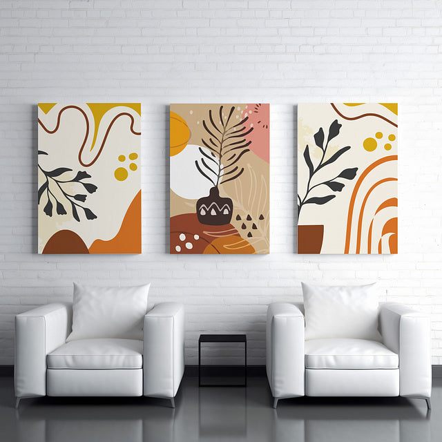 Set of 3 Boho Abstract Flower Pot Shapes Canvas Wall Art – Modern Botanical Prints