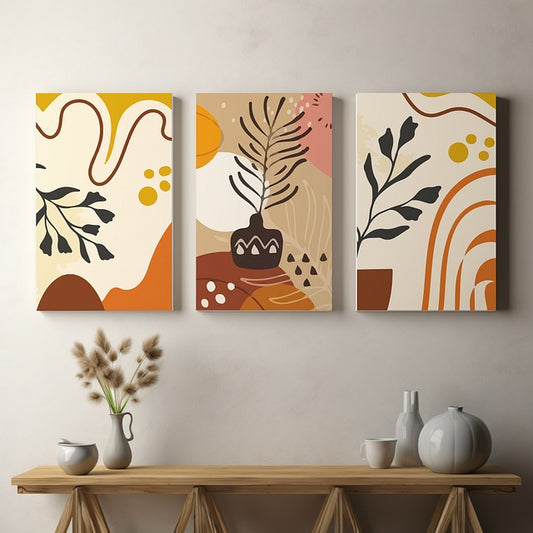 Set of 3 Boho Abstract Flower Pot Shapes Canvas Wall Art – Modern Botanical Prints