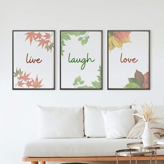Set of 3 Self Love Botanical Quotes “Live, Love, Laugh” Printed Framed Wall Art – A3 Size (13 x 18 Inches)