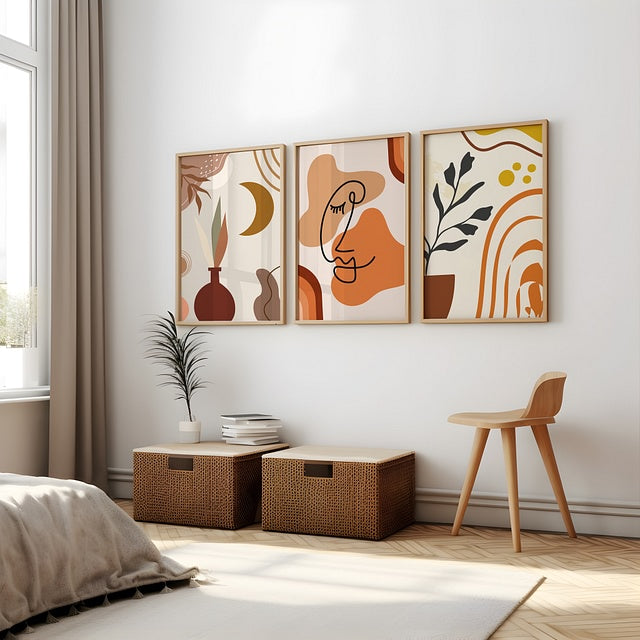 Set of 3 Boho Flower Pot Digital Paintings – Stickable Framed Wall Art, A3 Size (13 x 18 Inches)