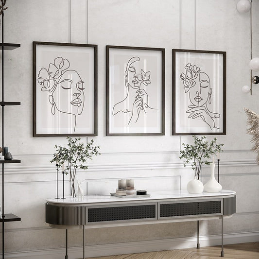 Set of 3 Woman Portrait Line Art – Stickable Premium Framed Wall Art, A3 Size (13 x 18 Inches)