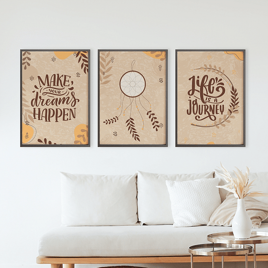 Set of 3 Boho Motivational Quotes Dream Catcher Framed Wall Art – A3 Size (13 x 18 Inches)
