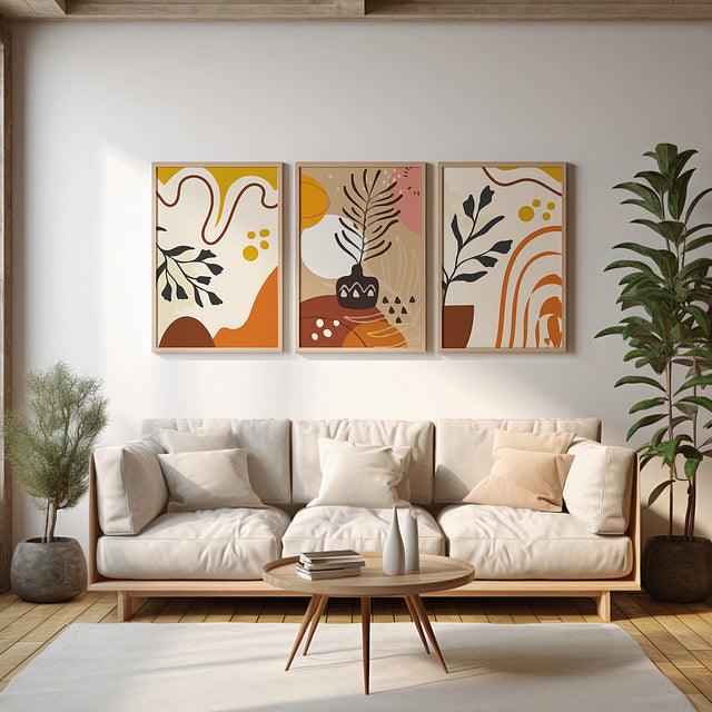Set of 3 Boho Plant Pot Flower Digital Paintings – Stickable Framed Wall Art, A3 Size (13 x 18 Inches)