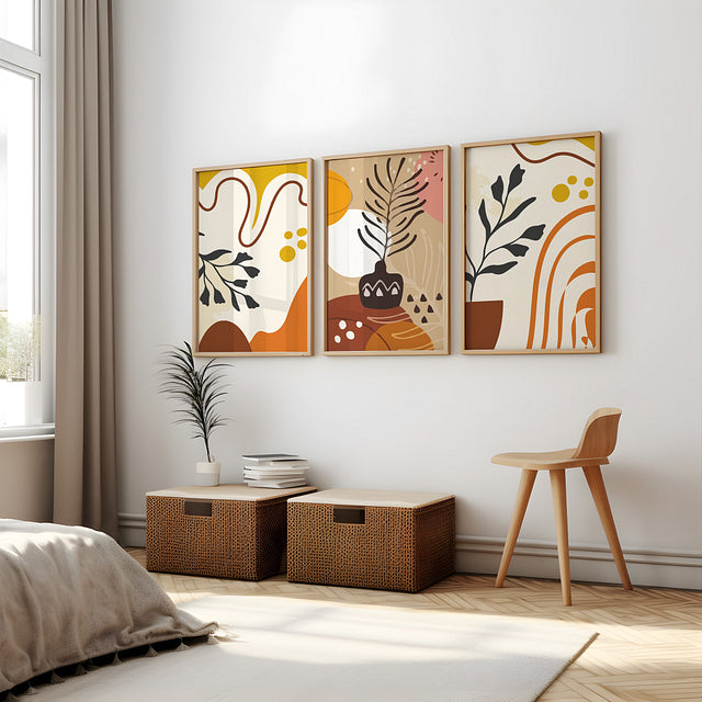 Set of 3 Boho Plant Pot Flower Digital Paintings – Stickable Framed Wall Art, A3 Size (13 x 18 Inches)