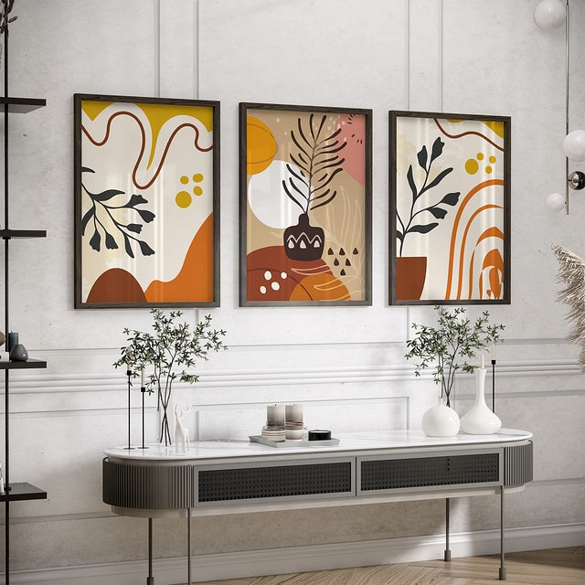 Set of 3 Boho Plant Pot Flower Digital Paintings – Stickable Framed Wall Art, A3 Size (13 x 18 Inches)
