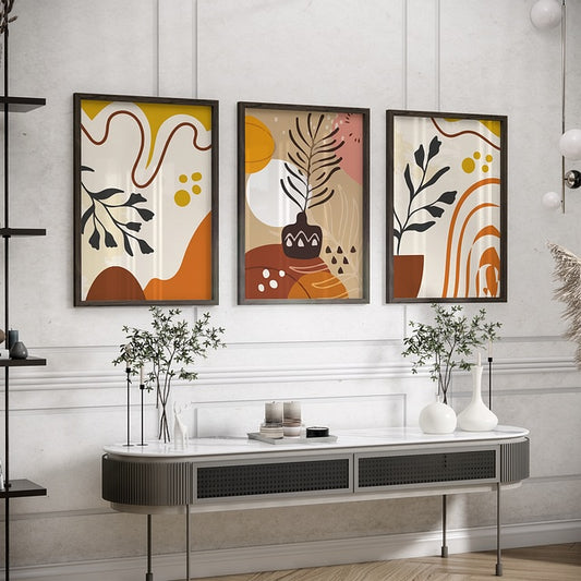 Set of 3 Boho Plant Pot Flower Digital Paintings – Stickable Framed Wall Art, A3 Size (13 x 18 Inches)