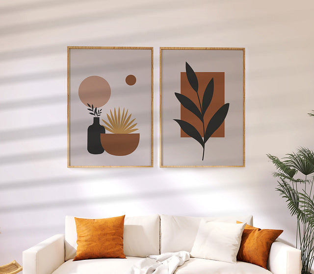 Set of 2 Boho Floral Pot Digital Painting Framed Wall Art – A3 Size (13 x 18 Inches)