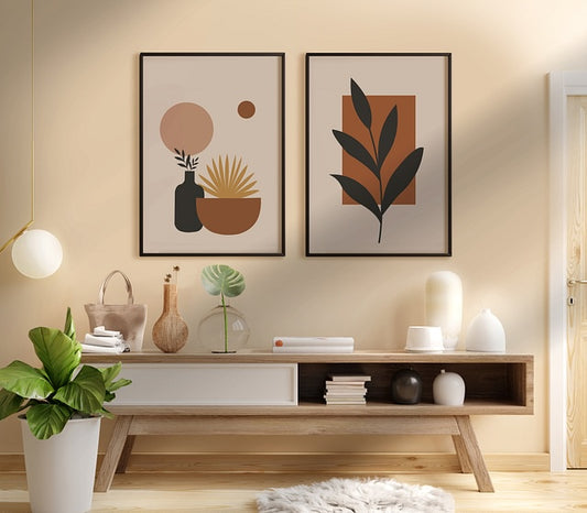 Set of 2 Boho Floral Pot Digital Painting Framed Wall Art – A3 Size (13 x 18 Inches)