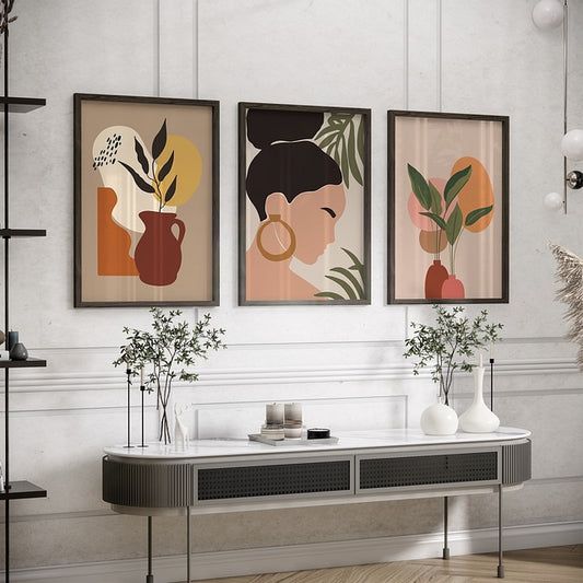 Set of 3 Boho Woman Floral Plants Framed Digital Paintings – A3 Size (13 x 18 Inches)