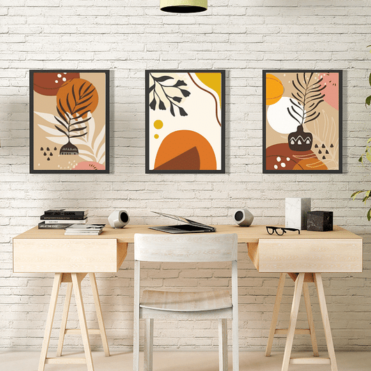 Set of 3 Boho Plant Semicircle Framed Digital Paintings – A3 Size (13 x 18 Inches)