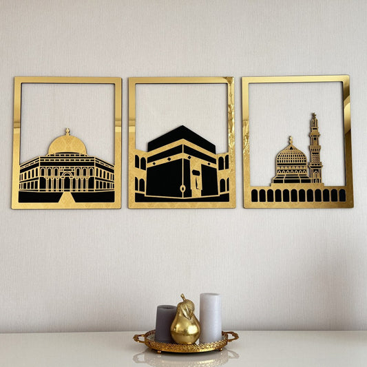 Masjid Al Aqsa, Masjid Al-Haram & Masjid An-Nabawi Wooden Acrylic Islamic Wall Art Set