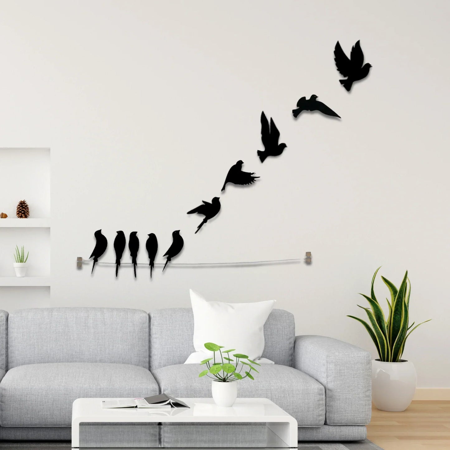 Wooden 3D 10 Pieces Birds on Rope Wall Art